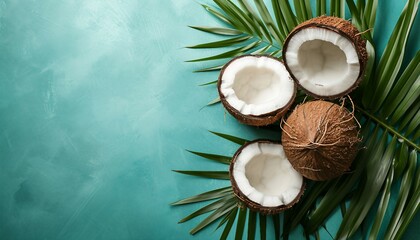 Composition with fresh coconut halfies on palm leaves on turquoise blue light background, Coconut and coconut tree branch on blue background, Coconut with jars of coconut oil and cosmetic cream 