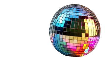 Shining mirror ball of the disco reflects many colors of the rainbow. Shiny surface of the mirror ball. A glowing display of rainbow shades of a disco ball, cut out - stock png.
