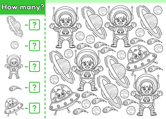 Counting kids game. Math game. How many space objects. Count the cartoon astronauts girls, aliens and planets. Educational worksheet for education children. Vector outline. Perfect for coloring page.
