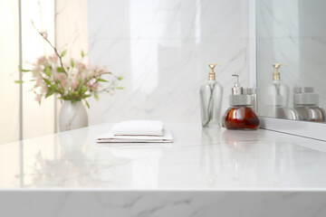 Light elegant modern bathroom interior with white marble empty tabletop for product display. Generative AI