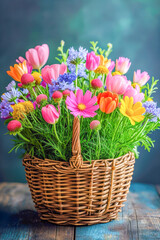Easter basket full of flowers in different colors, providing an explosion of vivid colors, Easter celebration, Plants and Flowers concept, generative ai