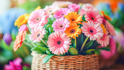 Fototapeta na wymiar Easter basket full of flowers in different colors, providing an explosion of vivid colors, Easter celebration, Plants and Flowers concept, generative ai