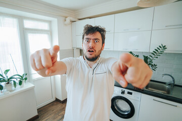 Mad Stare Challenge Portrait of a man, Piercing Eyes, Finger Pointing, Exuding Crazy Energy