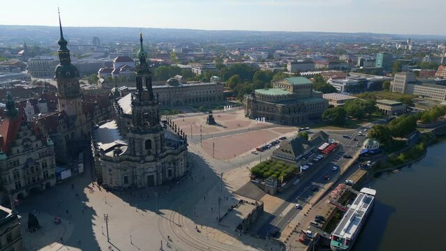 Zwinger, Opera Church at River City Dresden. Lovely aerial top view flight drone