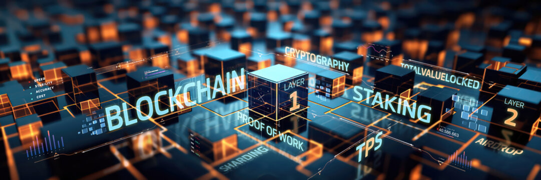 banner representation of blockchain cryptography technology with validation blocks for securing the network of proof of work and staking crypto currency coins with TVL and TPS speed data
