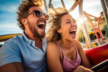 Fototapeta na wymiar Couple having fun on a roller coaster