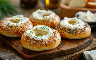 Obraz na płótnie Canvas Bagels with cream cheese and chives