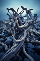 Dry snag tree on a rocky seashore.