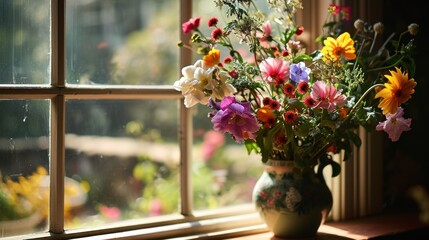  a vase filled with lots of colorful flowers sitting on a window sill next to a pane of windows.