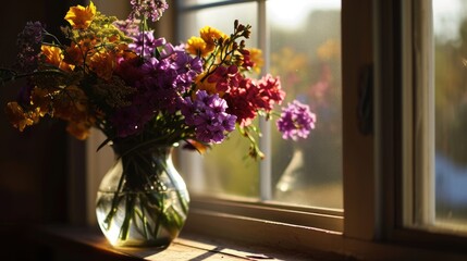  a vase filled with lots of flowers sitting on a window sill next to a window sill with the sun shining through the window.