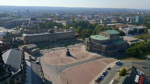 Zwinger, Opera Church at River City Dresden. Great aerial top view flight drone