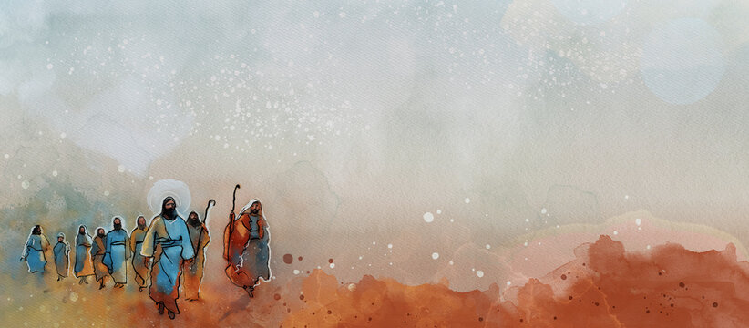 Jesus and the disciples. Christian watercolor background.