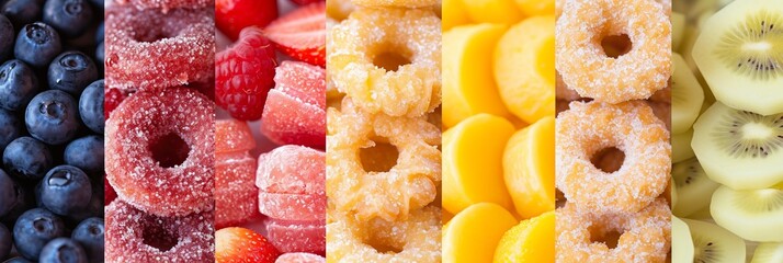 Vibrant dessert products collage with white vertical divisions, illuminated by bright light