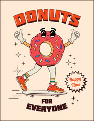 Character style food poster for cafes and fast food restaurants in retro style. Vector stock illustration. Isolated. Design in groovy style. Donut on a skateboard with a face. Mascot branding.