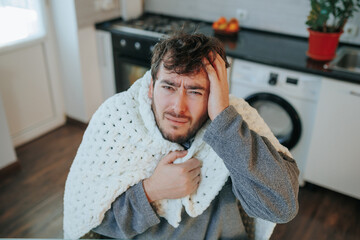 Nuanced Reality Caucasian Man Confronts Seasonal Diseases in Kitchen