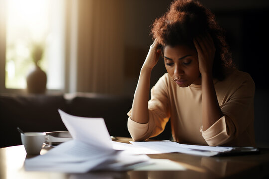 young African American woman with head in hands at desk with papers for tax, studen loan, and bill paying concepts