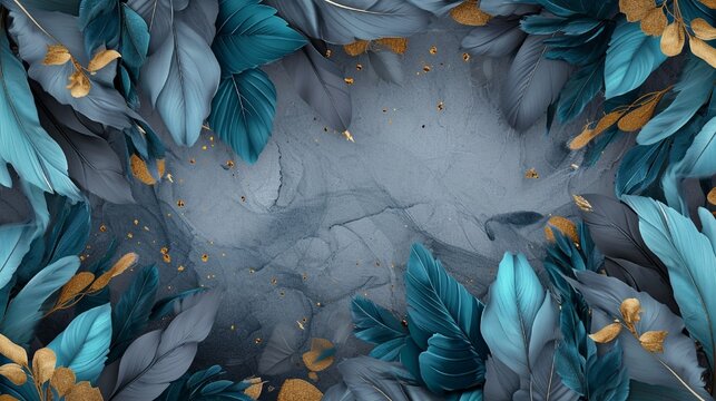 3D art wallpaper with blue, turquoise, and gray leaves, feathers, and golden accents, drawing light background, Photography, vivid color detail,