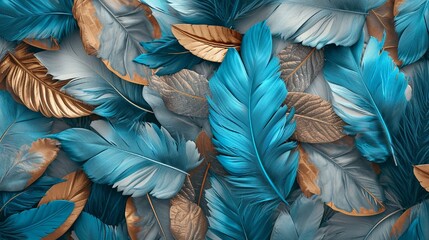 3D art wallpaper with blue, turquoise, gray leaves, feathers, golden highlights, light background, accented with wood wicker 3D panels in oak and nut, Photography, seamless texture focus,