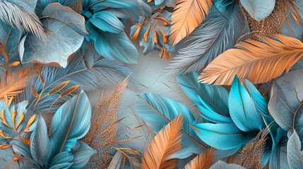 3D art wallpaper with blue, turquoise, gray leaves, feathers, golden highlights, light background, accented with wood wicker 3D panels in oak and nut, Photography, seamless texture focus,