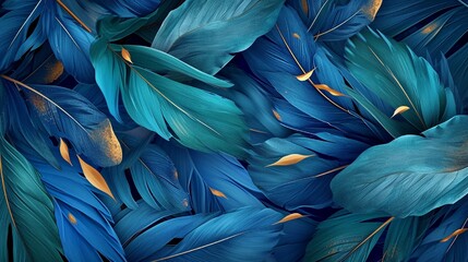 3D artistic wallpaper, blue and turquoise leaves, feathers, golden accents, light drawing background, Illustration, detailed texture,