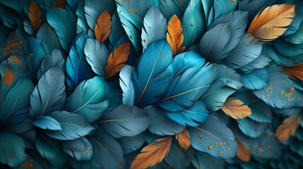 3D artistic wallpaper, blue and turquoise leaves, feathers, golden accents, light drawing background, Illustration, detailed texture,