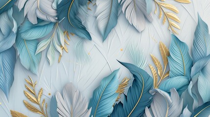 3D blue, turquoise, and gray leaf and feather wallpaper, accented with gold, light drawing base, Illustration, high-quality rendering,