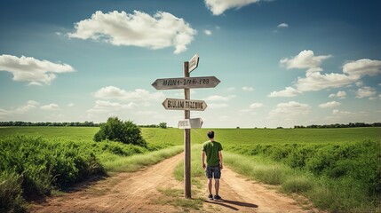 man standing in front of a signpost in a field - obrazy, fototapety, plakaty