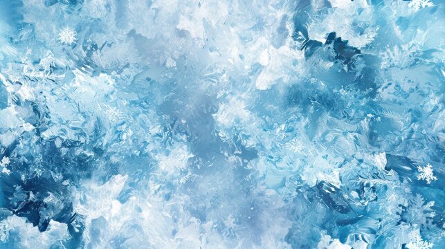  an abstract painting of blue and white snow flakes and snowflakes on a light blue and white background.