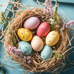 Easter basket with egg holiday background. Easter eggs beautiful colors