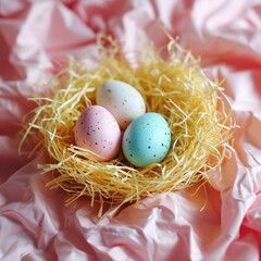 Fototapeta na wymiar Easter basket with egg holiday background. Easter eggs beautiful colors