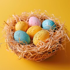 Easter basket with egg holiday background. Easter eggs beautiful colors