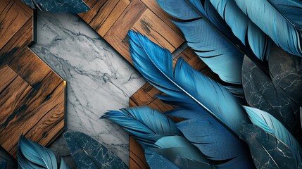 3D wallpaper blending blue, turquoise feathers, light drawing elements, oak and nut wood wicker panels, with grey marble and wood hexagon tiles, white