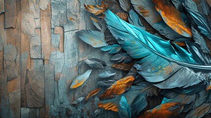 3D wallpaper blending blue, turquoise, gray leaf and feather design with gold highlights, set against light drawing background and oak, nut wood wicker panels, Photography, detailed texture interplay,