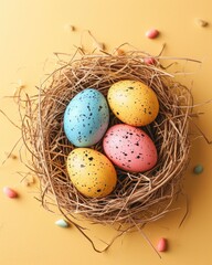 Naklejka na ściany i meble Easter basket with egg holiday background. Easter eggs beautiful colors