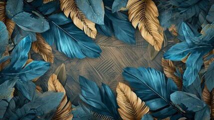 3D wallpaper blending blue, turquoise, gray leaf and feather design with gold highlights, set against light drawing background and oak, nut wood wicker panels, Photography, detailed texture interplay,