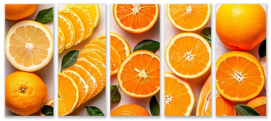 Vibrant citrus fruit collage with elegant white vertical lines on bright white background