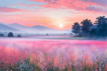 Mystical Sunrise. Tranquil Atmosphere in a Countryside Flower Meadow.