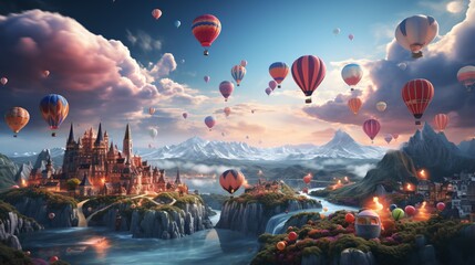 Fantasy landscape with hot air balloons and a castle - obrazy, fototapety, plakaty