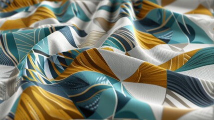  a close up of a blue, yellow, and white fabric with a pattern of wavy lines and curves on it.