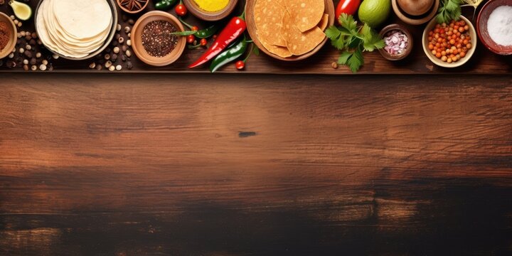 Traditional Mexican food preparation with rustic table setting and cultural elements. Panoramic top view with empty space for text.