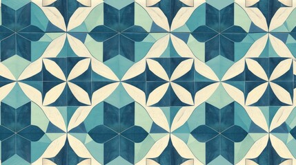 Fototapeta premium a blue and white tiled wall with a pattern of overlapping shapes in the center of the tile, with a light blue background.