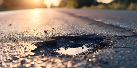 Pothole on a empty road in early morning road maintenance issues concept roads disrepair problem - generative ai