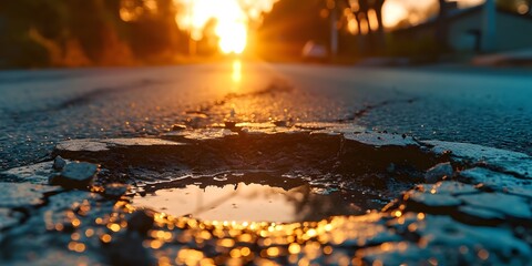 Pothole on a empty road in early morning road maintenance issues concept roads disrepair problem - generative ai - obrazy, fototapety, plakaty
