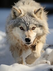 Obraz premium Portrait of a white wolf running in the snow