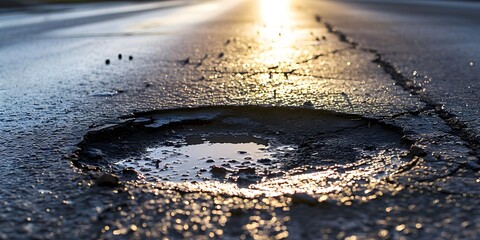 Pothole on a empty road in early morning road maintenance issues concept roads disrepair problem - generative ai