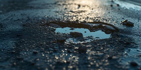 Pothole on a empty road in early morning road maintenance issues concept roads disrepair problem - generative ai