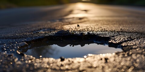 Pothole on a empty road in early morning road maintenance issues concept roads disrepair problem - generative ai