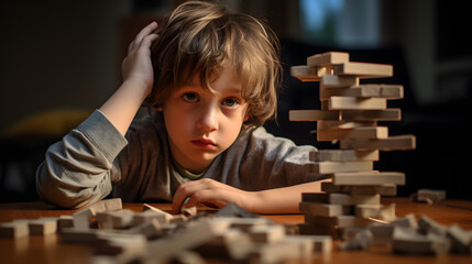 A child looking at a toppled tower of blocks with a sad expression. - obrazy, fototapety, plakaty