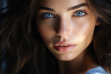 Portrait of a beautiful young woman with blue eyes and dark hair