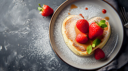 photograph of a delicious heart-shaped crepe with strawberry syrup. concept of love, couple, ideal to congratulate Valentine's Day
